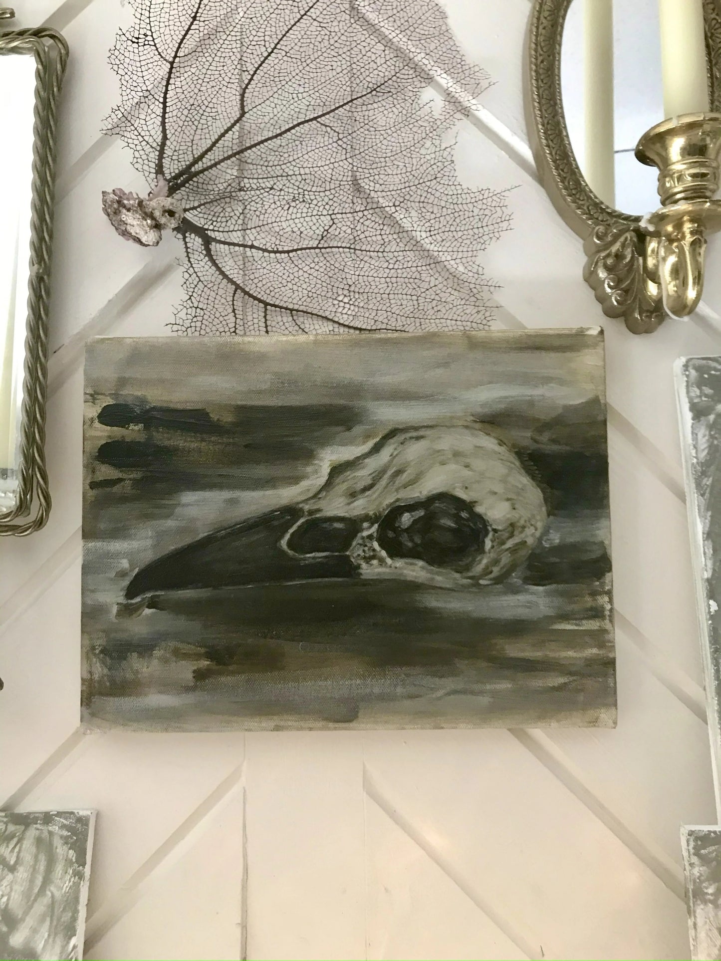 Raven Skull Study oil painting, fine art wall decor – realistic study of a raven's skull on canvas, original painting on canvas with intricate details, perfect for nature-inspired interiors and gothic home decor.